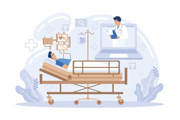 Distant Online Medicine Consultation. Smart Medical Technologies. Doctors Communicating with Patients through Computer and Mobile Phone Screen from Hospital Cabinet. flat vector modern illustration