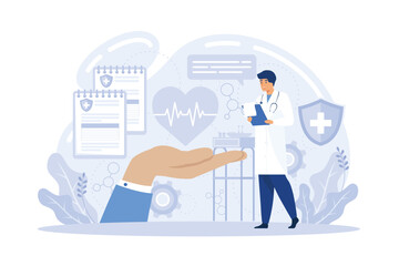 Health care program metaphor, online medical services, protection medicine. Medical insurance, hospital services, preventive check up, flat vector modern illustration