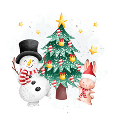 Watercolor Illustration Snowman and Christmas tree with rabbit and Christmas ornaments