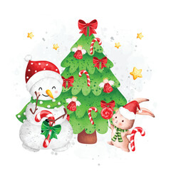 Watercolor Illustration Snowman and Christmas tree with rabbit and Christmas ornaments