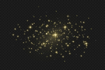 Dust sparks and stars shine with a special light. Christmas light effect. Glittering particles of magic dust.Vector sparkles on a transparent background.