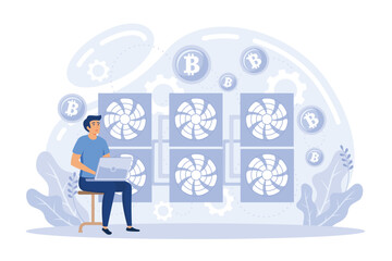 Bitcoin Mining Business Equipment Trendy Flat Vector Concept. Cryptocurrency Mining Farm Male Owner Making Hardware Service or Maintenance, flat vector modern illustration
