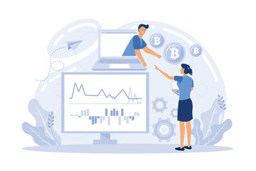 Bitcoin concept vector illustration of young people using laptop and smartphone for online funding and making investments for bitcoin and blockchain. flat vector modern illustration