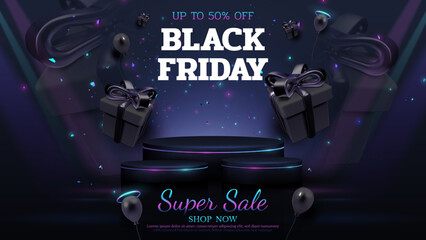 Black friday sale background with product display podium with gift box decoration and balloons and glitter light effect elements.