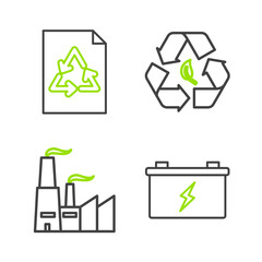 Set line Car battery, Factory, Recycle symbol and leaf and Paper with recycle icon. Vector