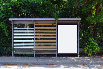 bus shelter at a bus stop. image collage. blank white glass and metal structure. urban setting with...