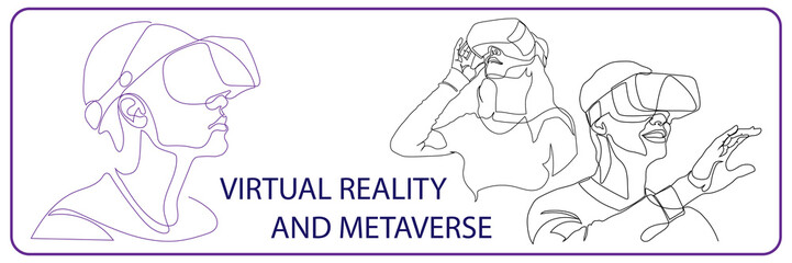Continuous one line drawing Man or woman in glasses device virtual reality or VR set. Metaverse with cyberpunk theme