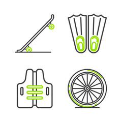 Set line Bicycle wheel, Life jacket, Rubber flippers for swimming and Skateboard icon. Vector