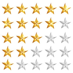 Golden star rating icon. Isolated badge set. Quality, feedback, experience, level concepts. Vector illustration isolated on white background. Web site page and mobile app design.

