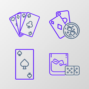 Set line Game dice and glass of whiskey with ice cubes, Playing card spades symbol, cards and icon. Vector