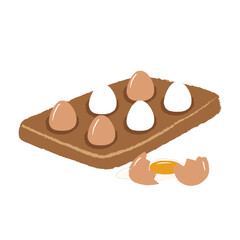 Vector illustration of a flat-style wooden egg container on a white background. Egg storage in an eco-friendly supermarket. Broken egg