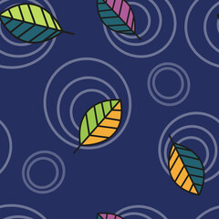 Stylized drawing "leaves and rain". Bicolor leaves on a blue background. Seamless pattern, vector.