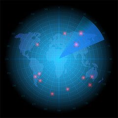 Blue radar screen with world map. Vector EPS10. Abstract digital radar screen with world map, targets and futuristic user interface of black, blue, and pink shades
