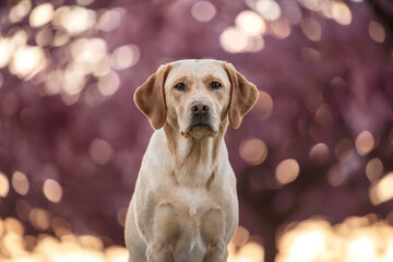 yellow labrador sitting in front of pink cherry blossoms  - obrazy, fototapety, plakaty