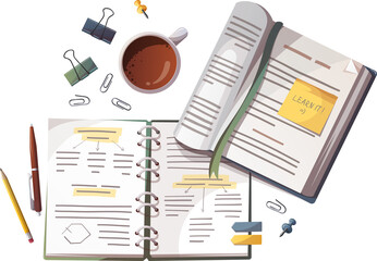 Notebook, textbook and study supplies illustration