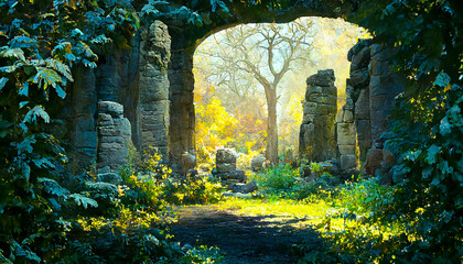 3D render ruins of a simple old stone gate, Beautiful mood lighting wallpaper