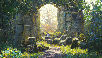 3D render ruins of a simple old stone gate, Beautiful mood lighting wallpaper
