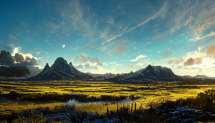 Peaceful scenery of beautiful autumn mountains, sky, moon, snowy mountains and tall patches of yellow grass.
