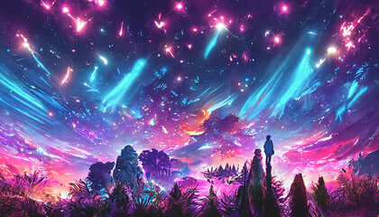 3D render colorful bioluminescent plants in a fantasy forest crystal path. Epic landscape background.