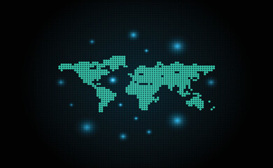 Abstract world map green dotted isolated and Glowing Stars on a Dark Background