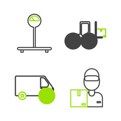 Set line Delivery man with cardboard boxes, cargo truck vehicle, Forklift and Scale icon. Vector