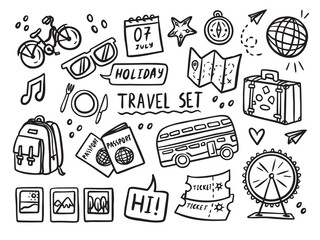 Set travel outline doodle signs. Tourism and summer adventure icons. Clip art travelling elements - obrazy, fototapety, plakaty
