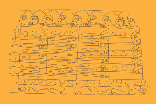 Babylonian spearmans. Babylonian soldiers and shields vector background. Soldiers pass over enemy soldiers. A relief pattern from ancient Mesopotamia.