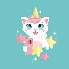 Print. Cute cat takes a selfie. Unicorn cat. Little white cat in the stars. Poster, invitation, postcard.