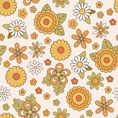 Seamless pattern retro 1970s hippie. Background with flower in vintage style. Illustration with positive symbols for wallpaper, fabric, textiles. Vector - 526254572