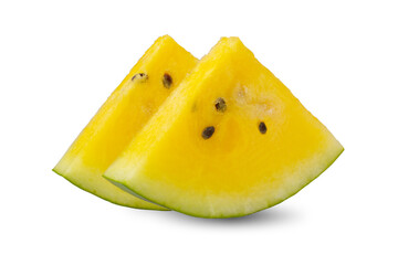 Two slices of yellow watermelon isolated on white background.