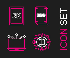 Set line Global technology or social network, Laptop, Hard disk drive HDD and Tablet with text 5k icon. Vector