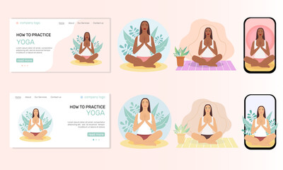 Woman meditating in nature and leaves and at home. Landing page,  illustration of the concept of a healthy lifestyle, physical exercises at home and outdoors, yoga classes.  Illustration set.