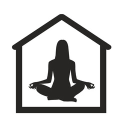 The concept of a healthy lifestyle, yoga, sports at home. The silhouette of a girl in the lotus position in the house. Vector illustration.