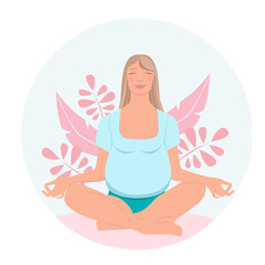 Fototapeta na wymiar Pregnant woman meditating in nature. illustration in flat cartoon style. Concept illustration for prenatal yoga, meditation, relax, healthy lifestyle.