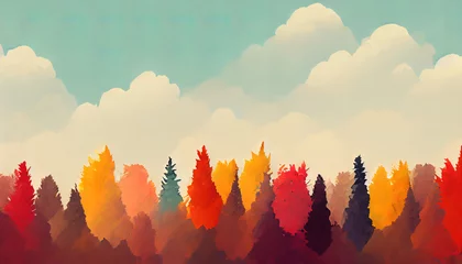 Fotobehang Herfst, minimaal leeg landschapsschilderij. Kleurrijk rood oranjegeel herfstseizoen. Eenvoudig elegant en modern behang. Bos landschap achtergrond. Vintage ontwerp. © Fortis Design