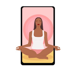 Woman meditating  on nature displayed on the smartphone screen. Concept illustration for yoga healthy lifestyle.  Illustration in flat cartoon style.