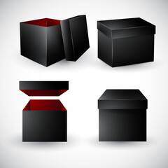 Black box packaging. Top view open and closed gift presentation boxes. Empty cardboard black carton package 3d vector mockup.
