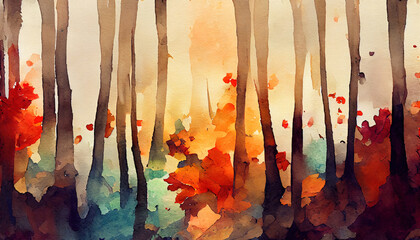Autumn forest watercolor painting. Tree trunks and colorful dead leaves on the ground. 