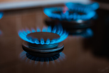 Modern kitchen stove cook with blue flames burning.