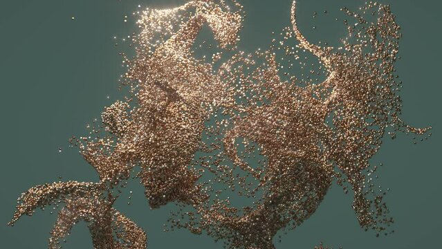 Particle Cloud. Gold spheres. Surreal art. 4k video. Abstract background. Golden bubbles explosion. 