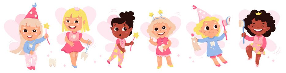 Cartoon isolated princess girls with crown and dresses holding toothpaste and toothbrush, first teeth of baby and magic wand, happy godmother with wings flying. Tooth fairy set vector illustration © Natalia