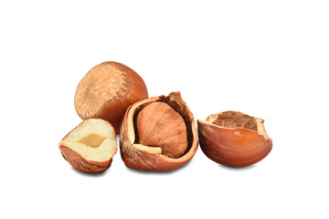 Hazelnuts in group with shells closed up isolated on white