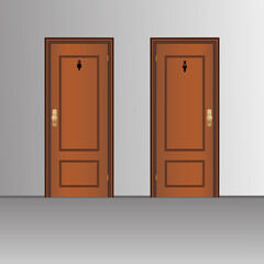 Toilet doors for male and female genders. Woden Door for man and woman lavatory room, WC realistic composition. . Vector.
