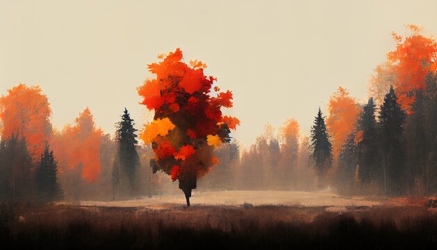 Colorful autumn landscape. Fall season with red and orange trees. Beautiful painting of an outdoor scenery.  Scenic view of nature with trees and pines. Colorful pastel painting on a foggy day.