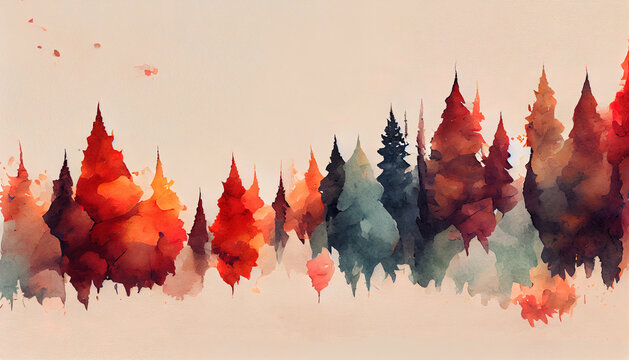 Autumn forest landscape. Colorful watercolor painting of fall season. Red and yellow trees. Beautiful leaves, pine trees. Minimal elegant flat scenery. Artistic natural scenery. Vintage pastel colors.