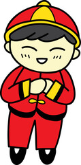 hand drawn Chinese boy in red dress illustration on transparent background