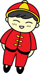 hand drawn Chinese boy in red dress illustration on transparent background