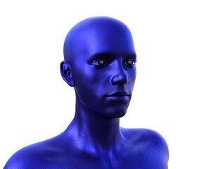 3D render. Portrait of a blue bald man on a white background. 