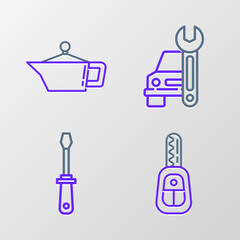 Set line Car key with remote, Screwdriver, service and Canister for motor machine oil icon. Vector