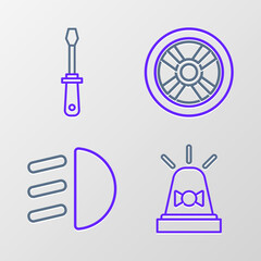 Set line Flasher siren, High beam, Car wheel and Screwdriver icon. Vector